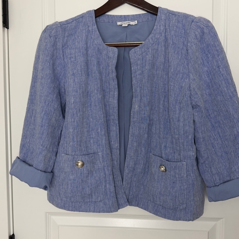 Moving Sale Chico's Light Blue Linen Chambray Open-Front Blazer Size L/2 - Picture 2 of 8